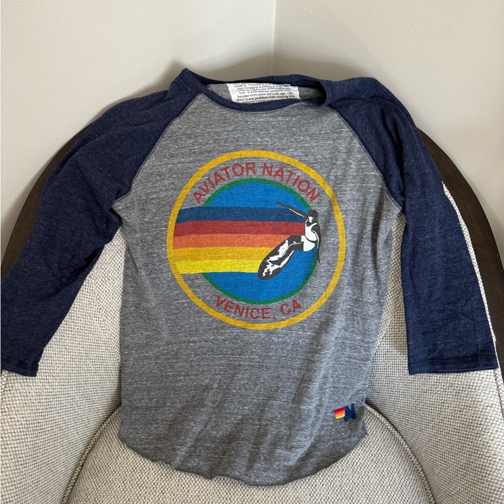 Aviator Nation Gray and Blue Long Sleeve Tee with Vintage Graphic